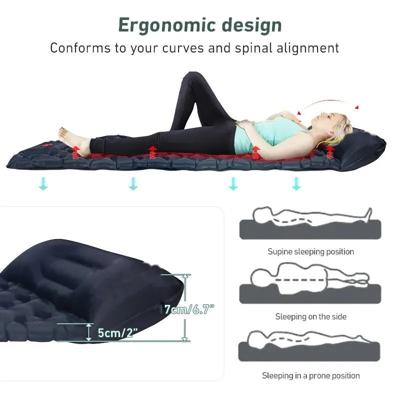 Inflatable Camping Sleeping Pad with Pillow – Ultralight Air Mattress with Built-in Pump
