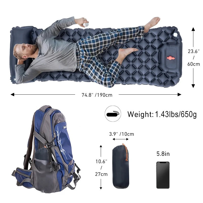 Inflatable Camping Sleeping Pad with Pillow – Ultralight Air Mattress with Built-in Pump