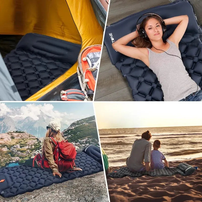 Inflatable Camping Sleeping Pad with Pillow – Ultralight Air Mattress with Built-in Pump